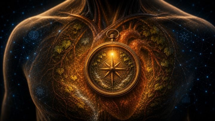 An inner compass resting in the heart region of a human being, symbolizing the importance of access to wisdom.