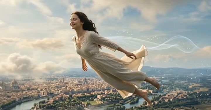 Woman flying high above a town.