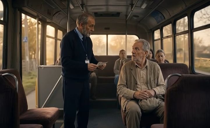A ticket taker on a bus speaking to a man who isn't supposed to be on the bus.