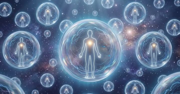 Human energy contained in spheres floating in space.