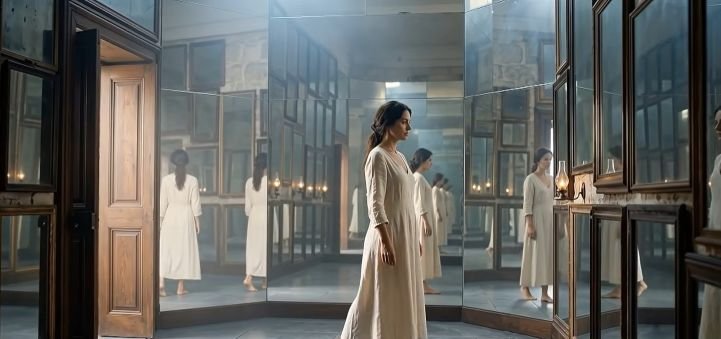 Woman in a white dress surrounded by multiple reflections in a softly lit room of mirrors.