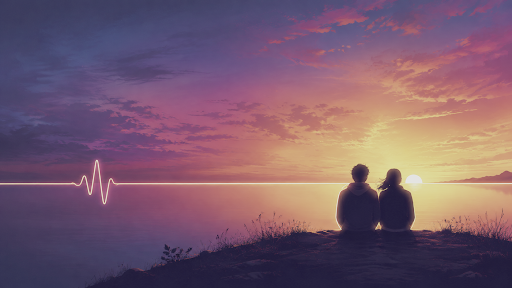 Sunset silhouette of two people sitting side by side, with a heart monitor line marking the horizon.