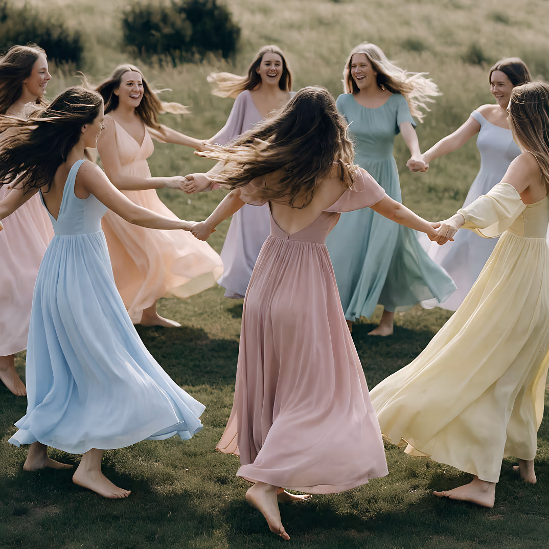 Eight women in pastel dresses holding hands and spinning barefoot on grass outdoors.