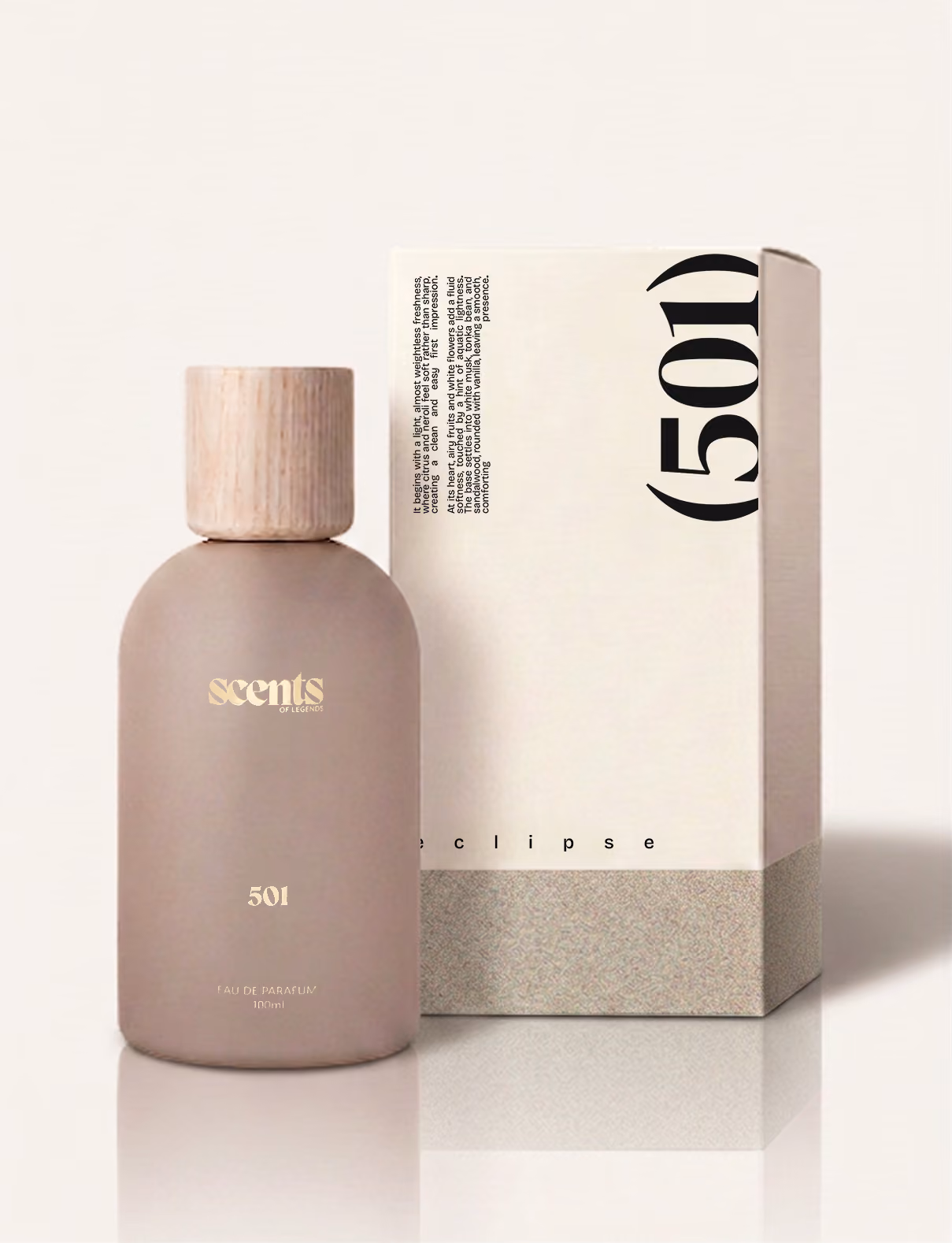 Matte brown perfume bottle with wooden cap labeled Scents 501 beside matching box.