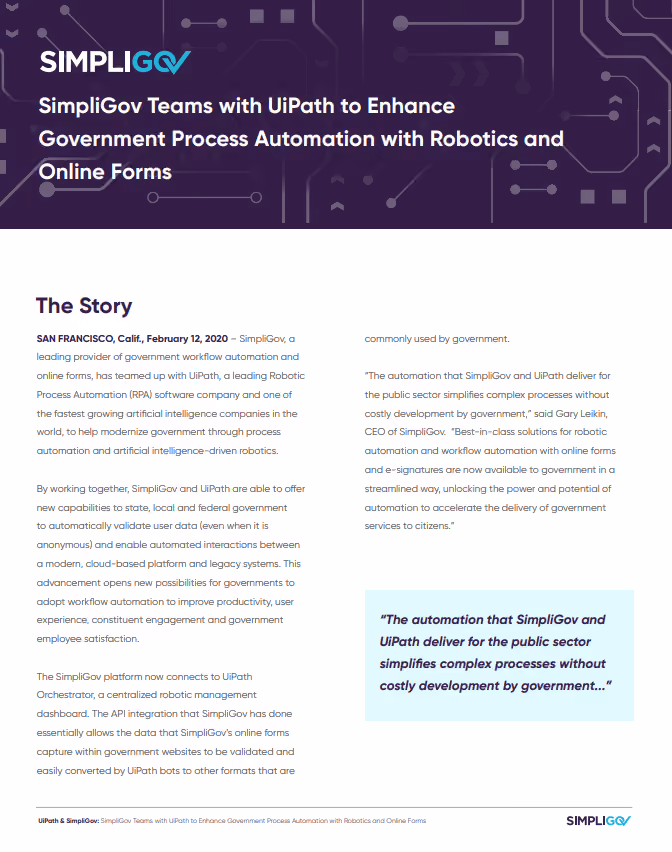 SimpliGov Teams with UiPath to Enhance Government Process Automation with Robotics and Online Forms