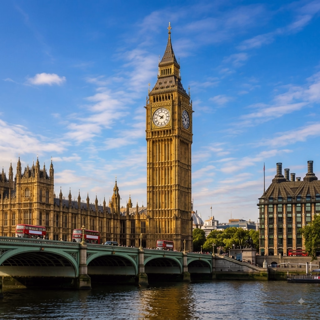 Big Ben clock tower and Palace of Westminster in London with red double-decker buses crossing the nearby bridge over the River Thames under a blue sky with scattered clouds.