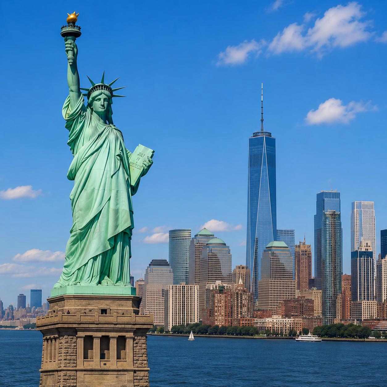 Statue of Liberty holding a torch and a tablet with New York City skyline and One World Trade Center in the background under a blue sky.