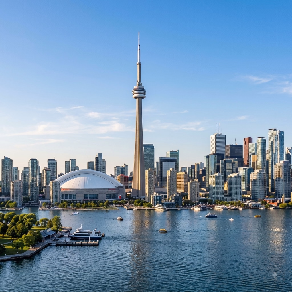 Toronto skyline with CN Tower and Rogers Centre near waterfront under blue sky.