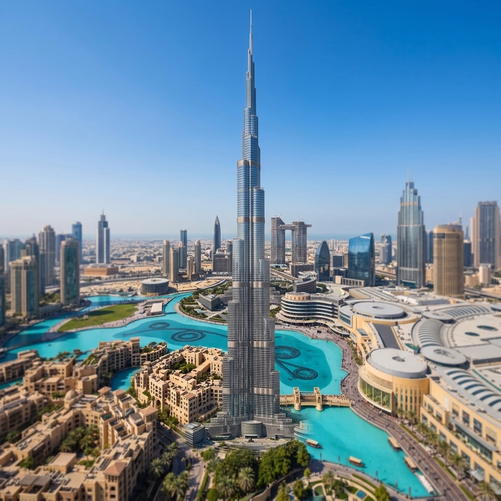 Aerial view of the Burj Khalifa, the tallest building in the world, surrounded by turquoise water features and modern city buildings in Dubai under a clear blue sky.