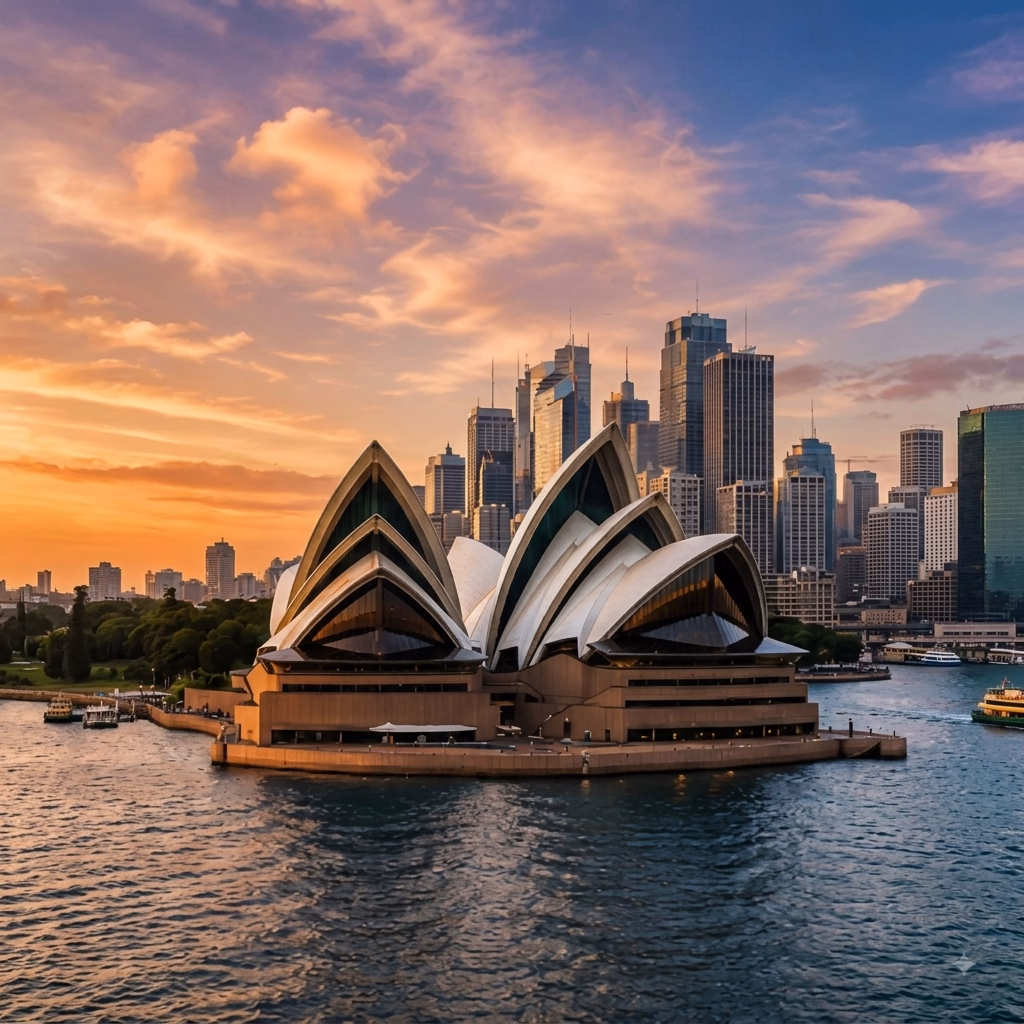 Sydney Opera House at sunset with golden sky and city skyline in the background, surrounded by water with boats nearby.