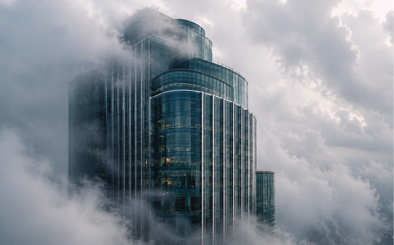 Modern glass skyscraper partially obscured by thick clouds with a moody, overcast sky.