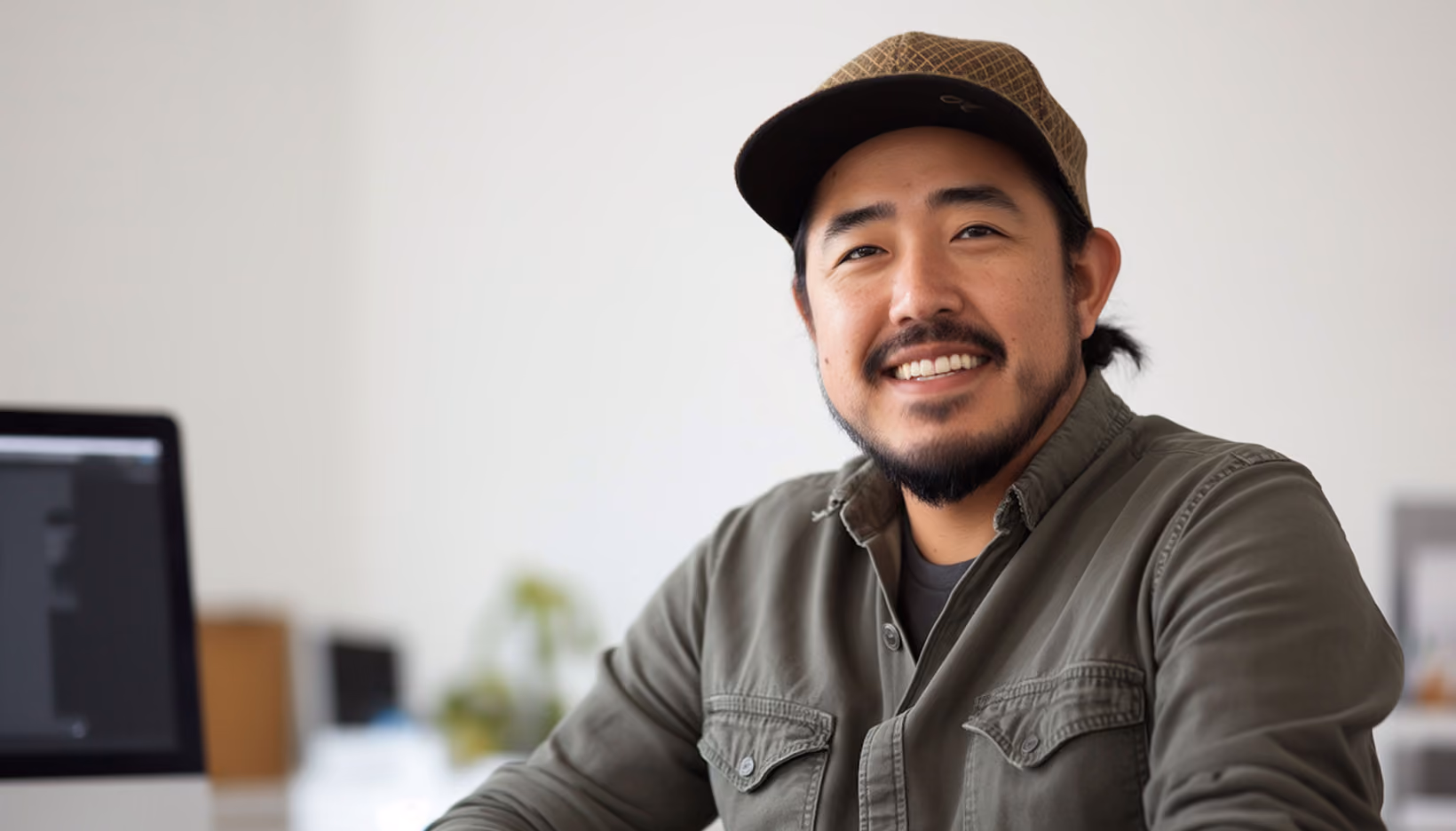 Smiling man with a beard and mustache wearing a patterned brown cap and olive green button-up shirt, sitting indoors near a computer.