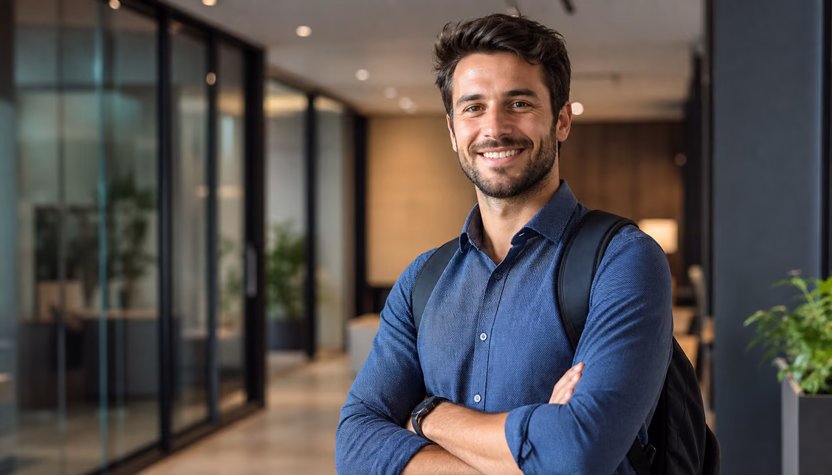 Smiling man with a beard and dark hair, wearing a blue shirt and black backpack, standing with arms crossed in an office hallway.