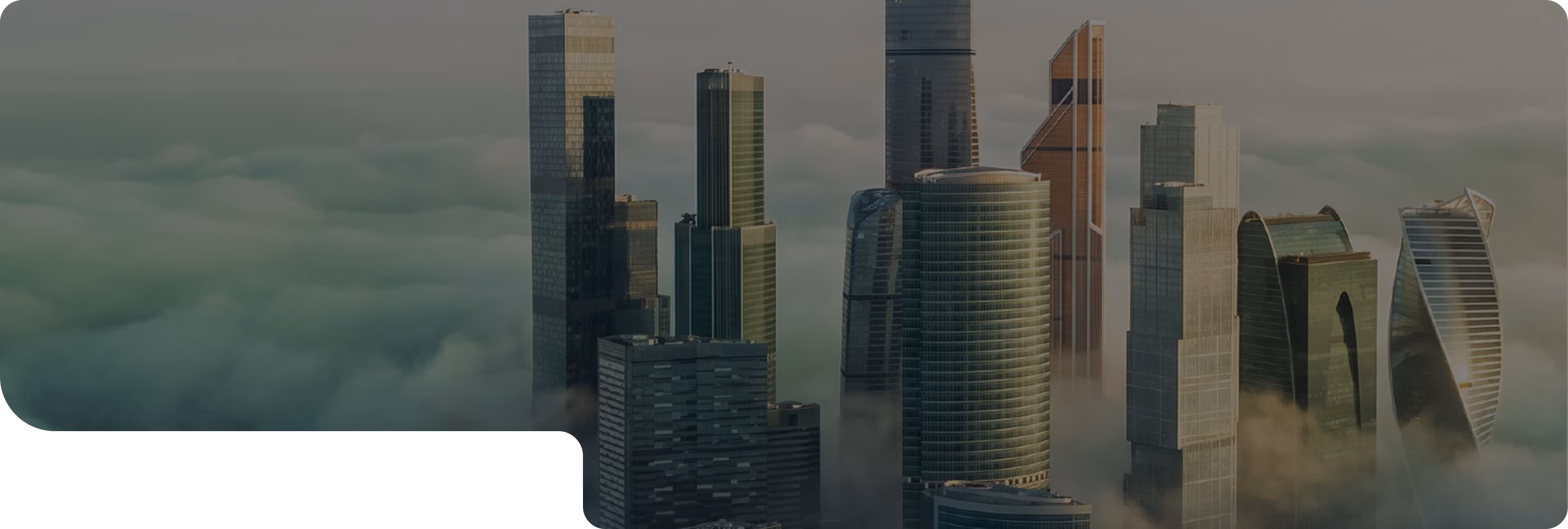 City skyline with modern skyscrapers emerging through thick fog under a muted sky.
