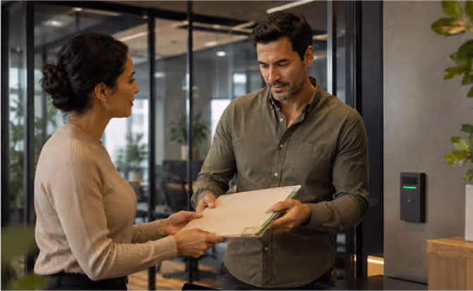 A man and a woman in an office setting are exchanging a folder, with the man receiving it and the woman handing it over.