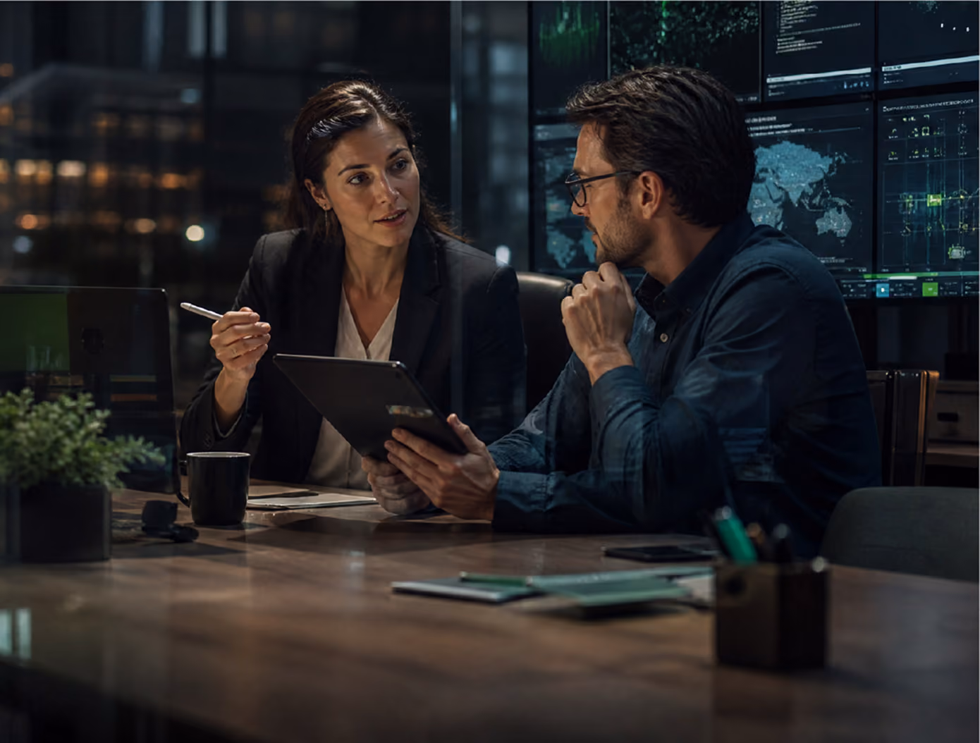Two professionals, a woman and a man, discuss work at a table with a digital tablet; large screens displaying data and maps are visible in the background.