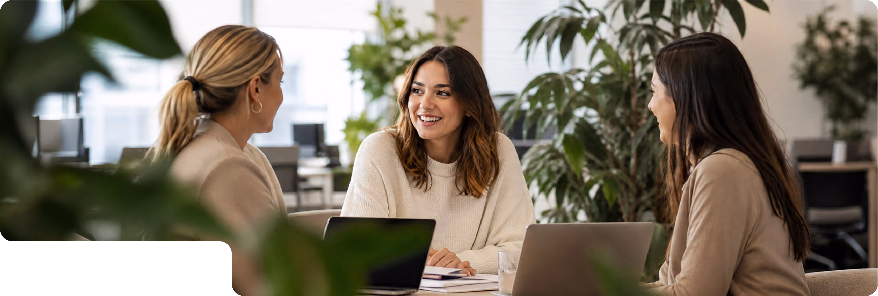 Three women sitting around a table in a modern office, smiling and engaged in conversation, with laptops and plants nearby.