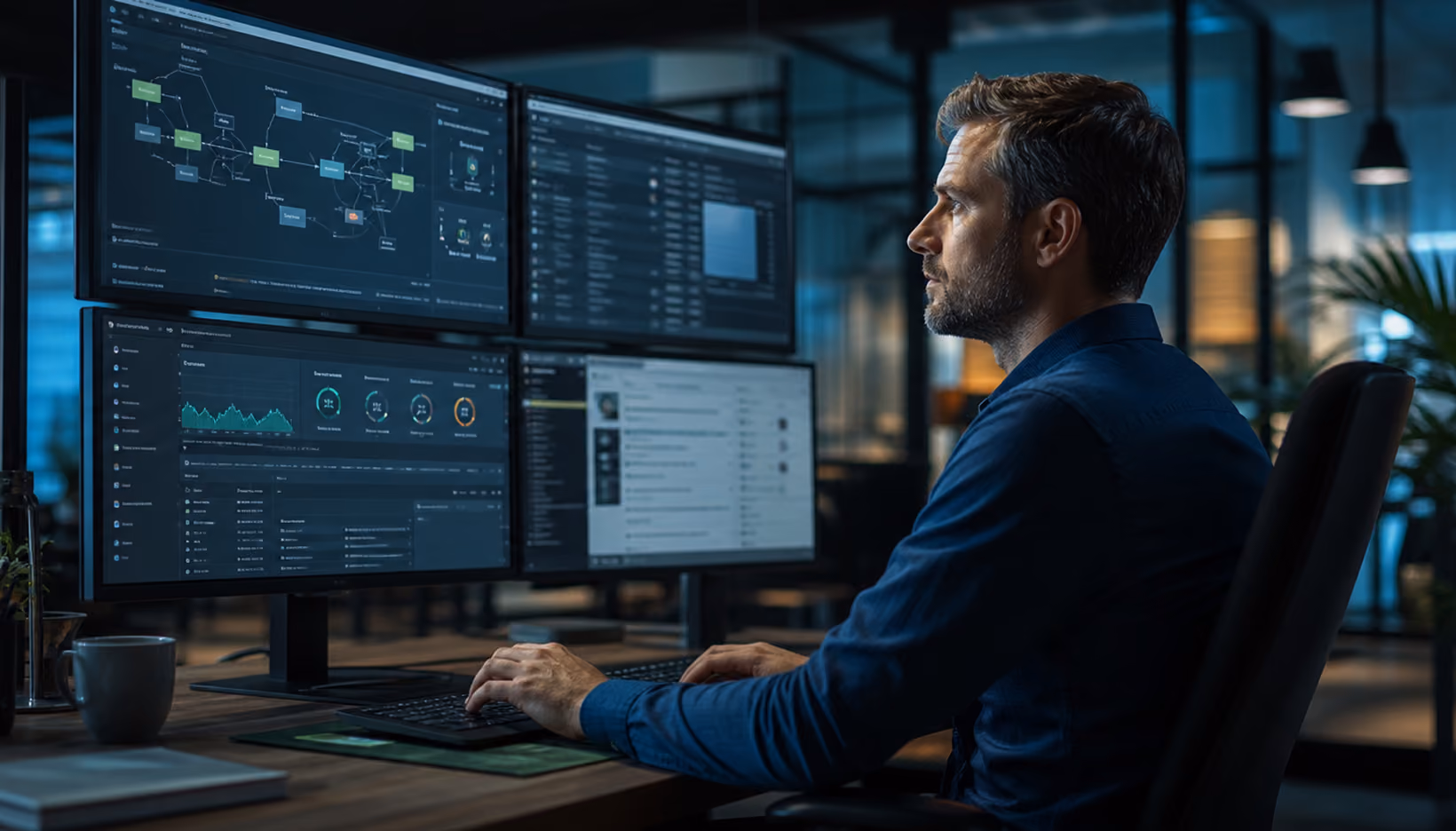Man in a blue shirt working at a desk with four large monitors displaying data, charts, and workflow diagrams in a modern office setting at night.