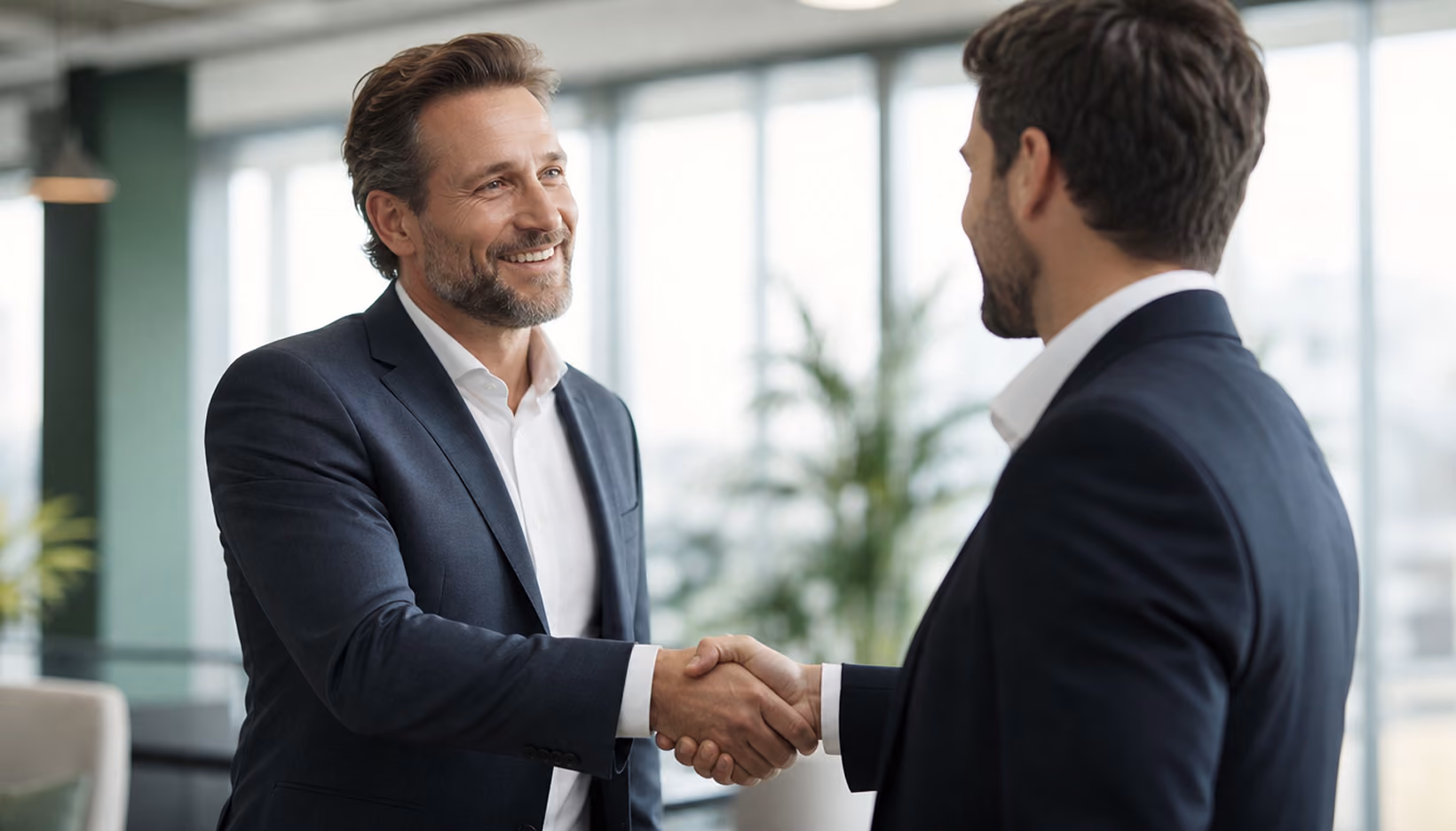 Two businessmen in suits smiling and shaking hands in a bright modern office with large windows and plants in the background.