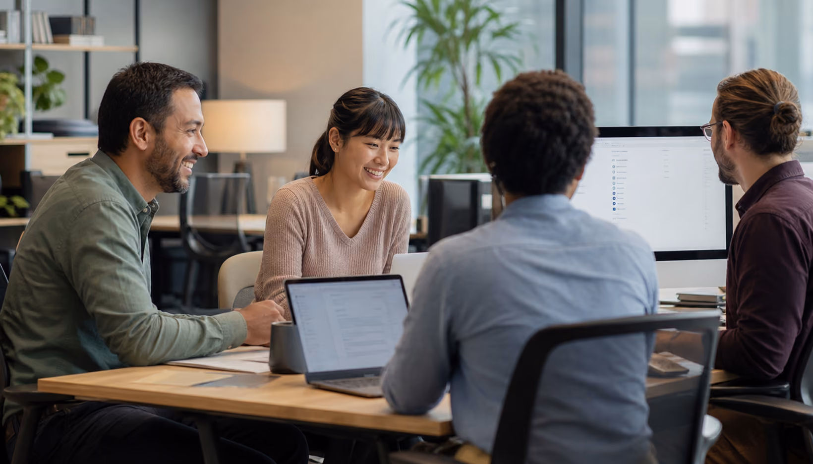 Four colleagues in a modern office sitting around a table, working together with laptops and a monitor, smiling and engaged in discussion.
