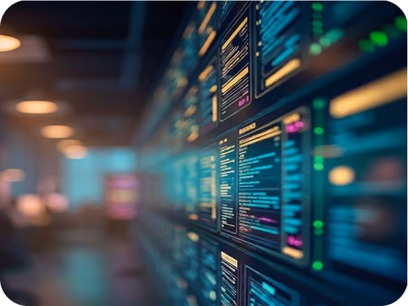 Close-up side view of illuminated computer server racks or data center equipment with blue and yellow text and lights, blurred background of an office or control room.