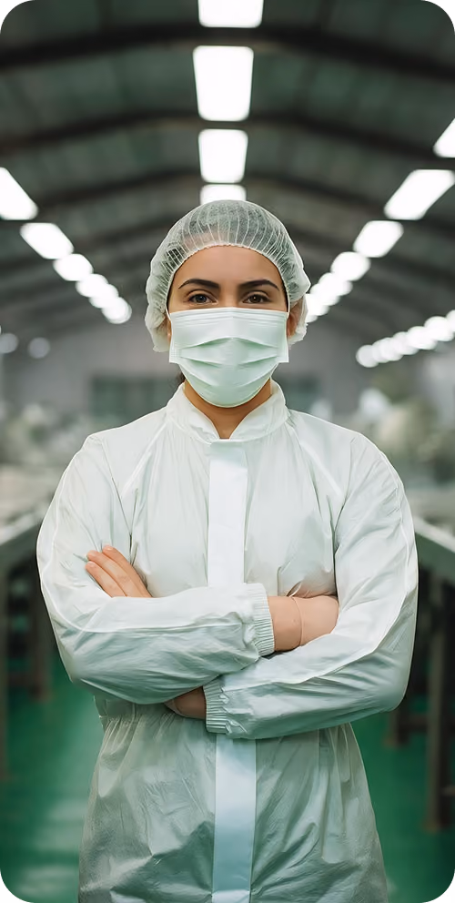 Person in protective clothing including a hairnet and face mask standing with arms crossed in a clean, industrial or medical workspace with overhead lights.