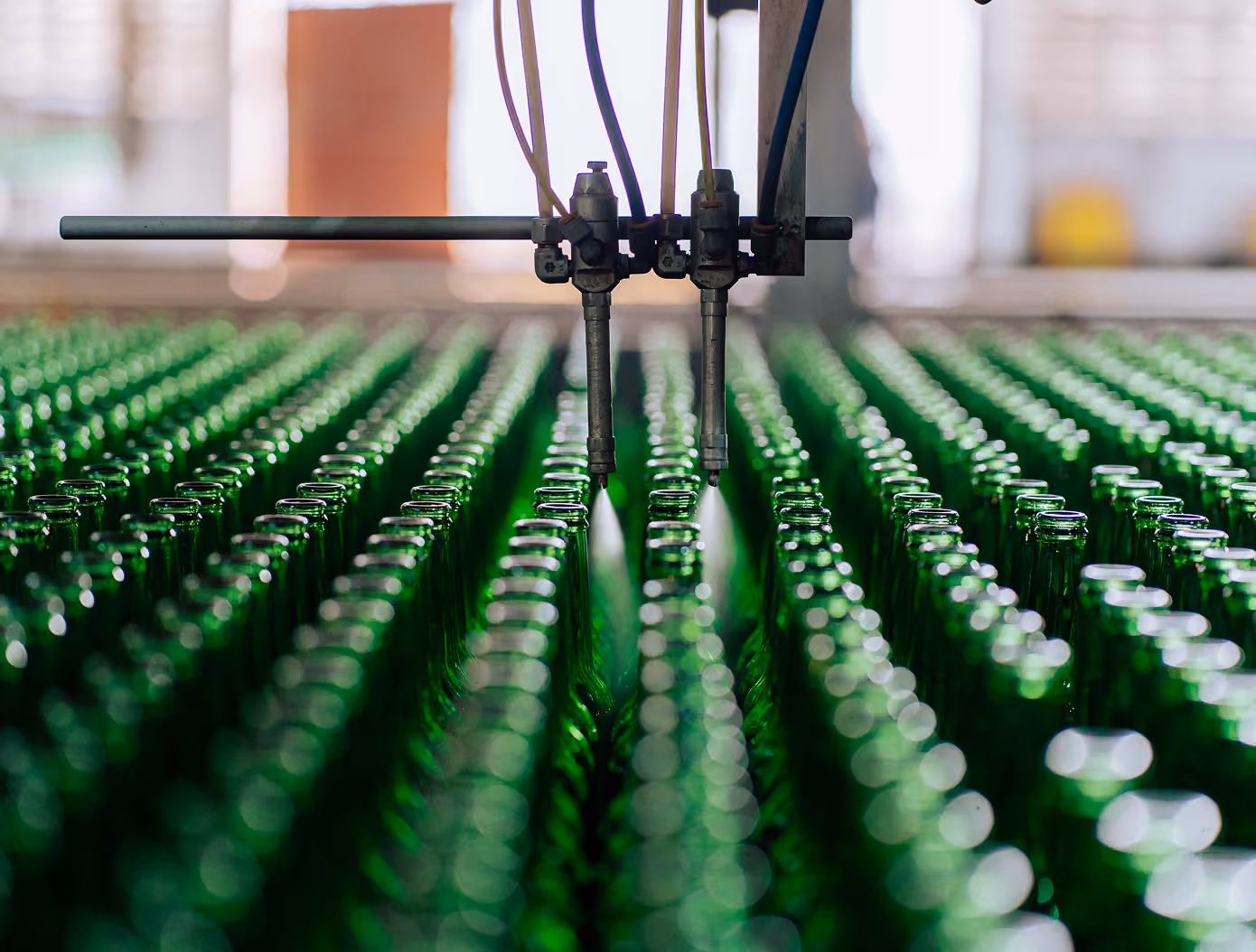 Rows of empty green glass bottles being filled or sprayed by machinery nozzles in a factory bottling production line.
