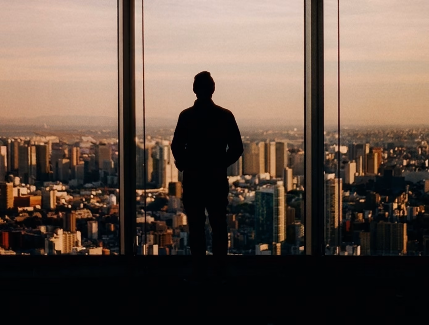 Silhouette of a man standing indoors looking out through large floor-to-ceiling windows at a cityscape during sunset.