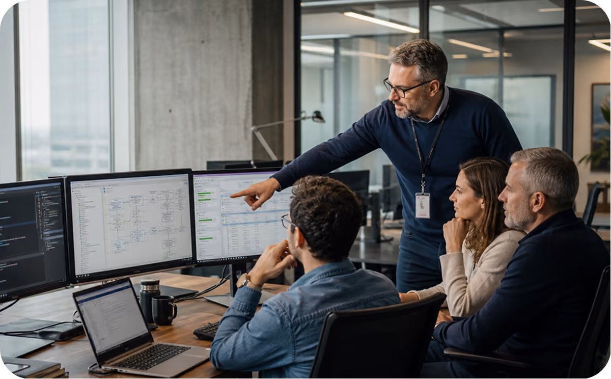 A man in glasses and a navy sweater stands pointing at a computer screen while three colleagues, two men and one woman, seated at a desk attentively look on in an office with large windows and multiple monitors showing technical diagrams and data.