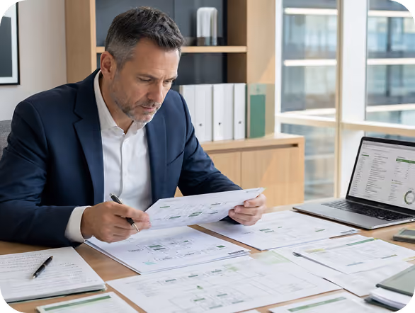 Man in a suit sitting at a desk, reviewing multiple financial or business documents spread out in front of him, with a laptop open nearby showing charts and spreadsheets.