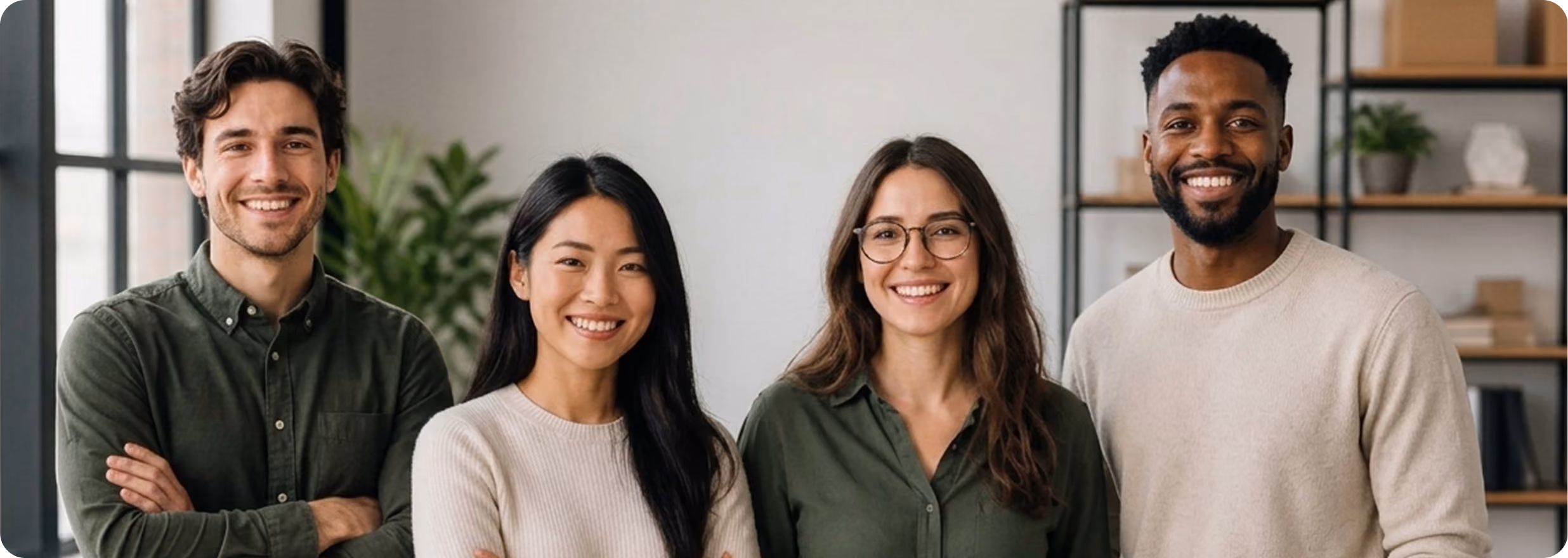 Four diverse young adults standing side by side indoors, smiling at the camera in a casual, friendly group pose.