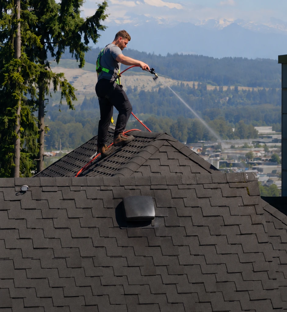 A roof cleaner atop a roof of a Tacoma home using a pressure water to remove moss