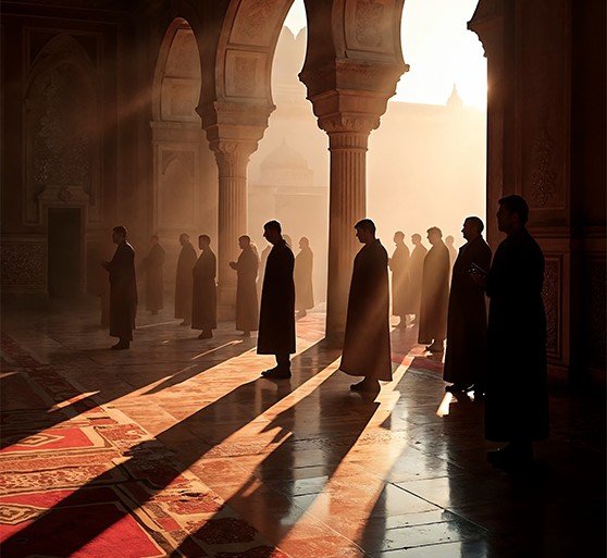 Worshippers in a sunlit hall