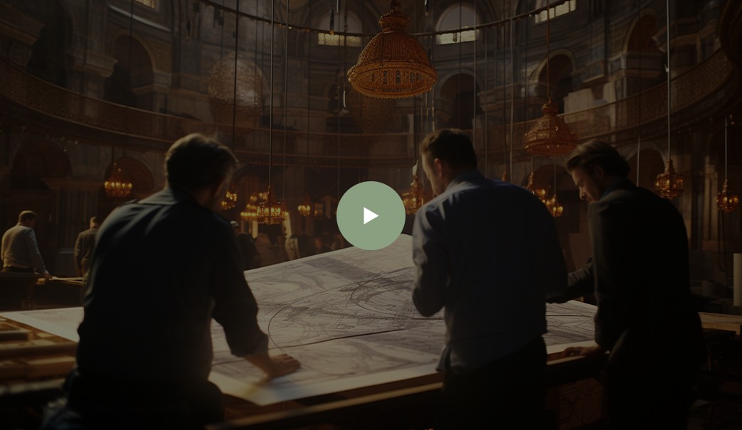 Men reviewing architectural drawings inside a mosque