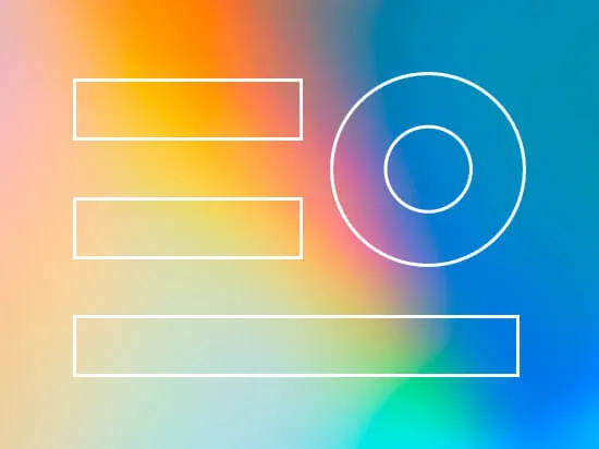 Abstrakter bunter Hintergrund mit orange, blau und grün, darauf weiße Konturen von zwei Rechtecken, einem Kreis und einem großen Rechteck.