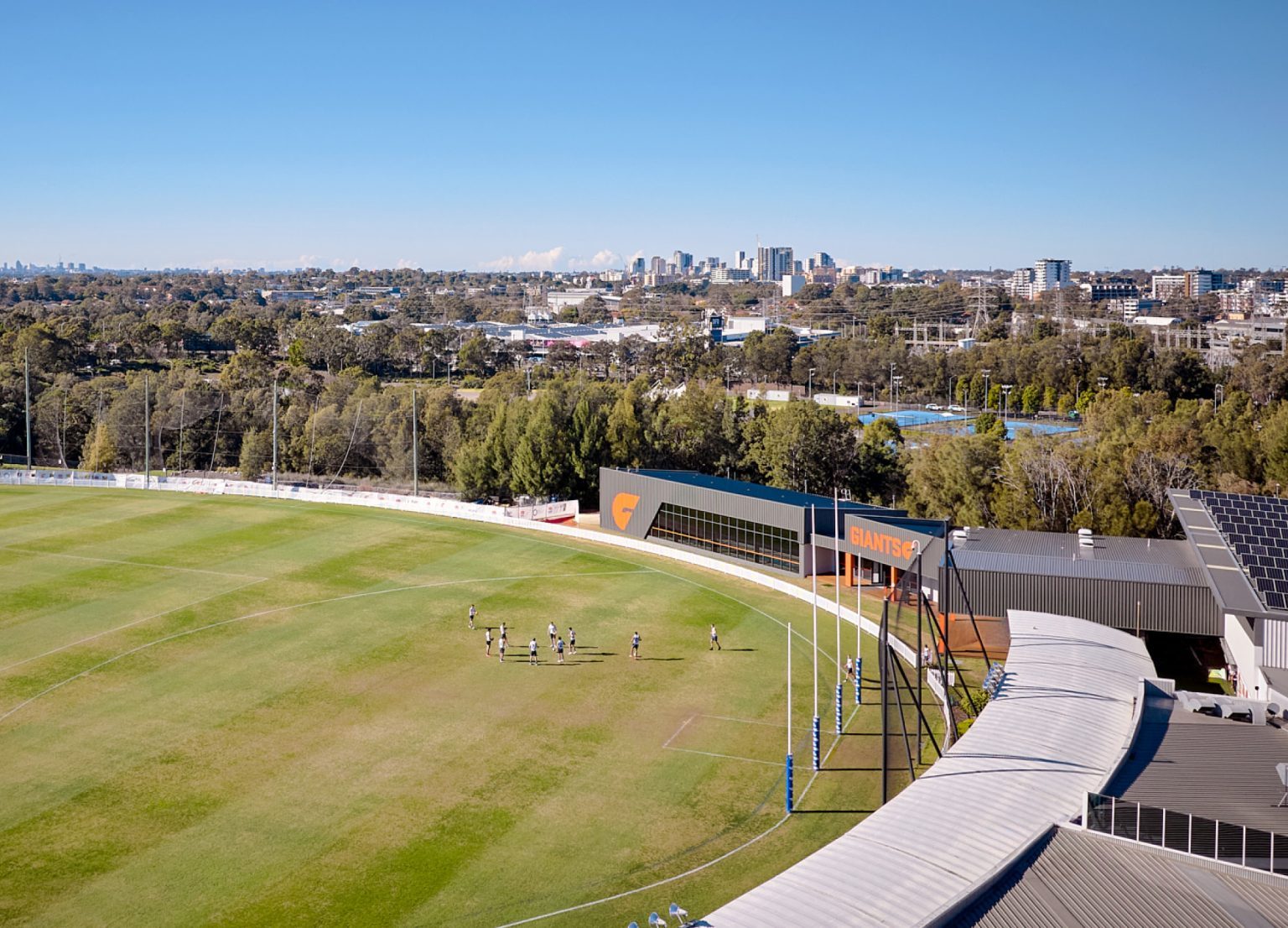 Elevated view over the oval and clubrooms at Sydney Olympic Park