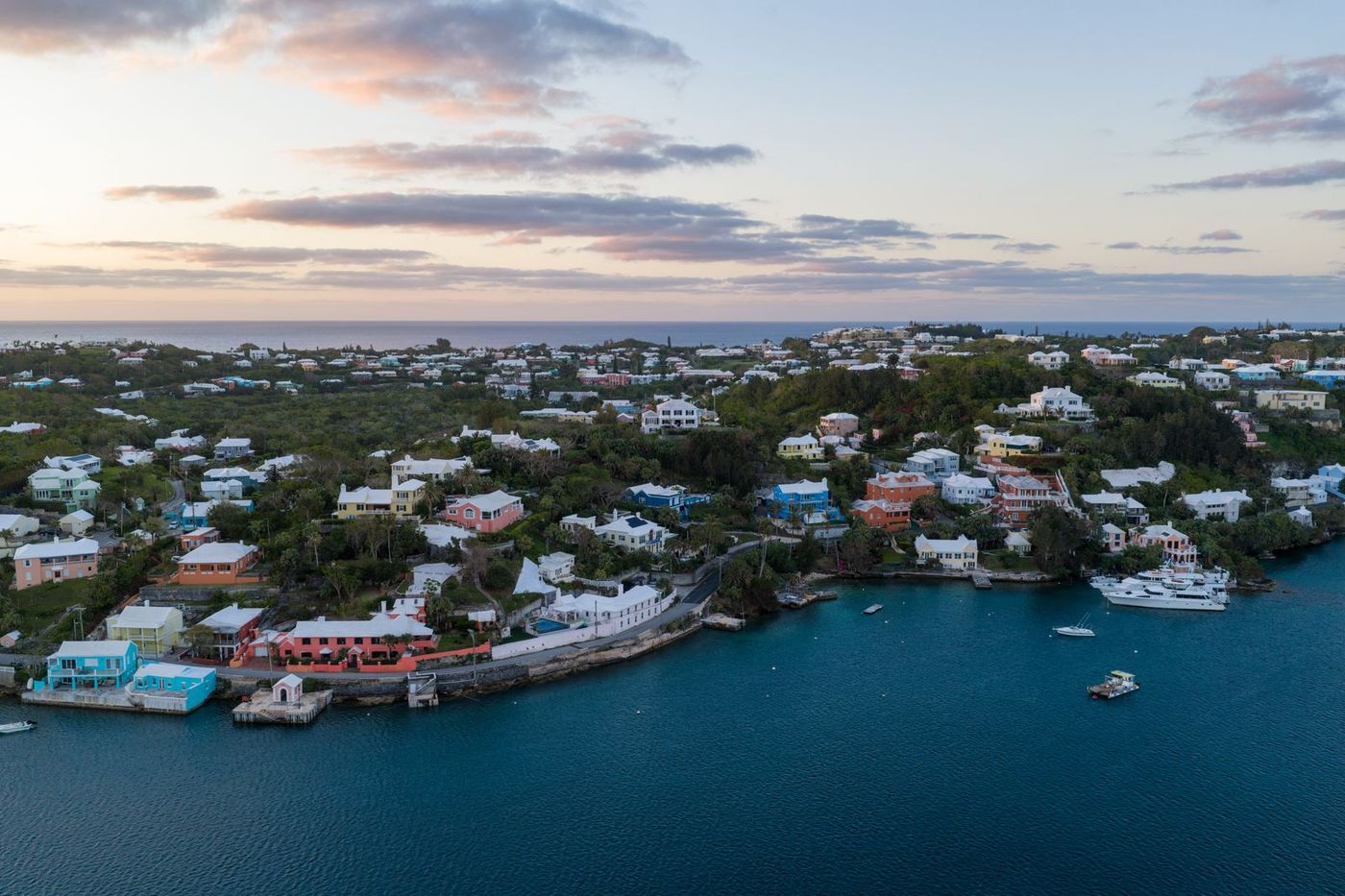 Harbour and hillside homes in Bermuda at dusk