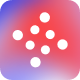 White dots arranged in a grid pattern forming an arrow pointing down and left on a gradient background.