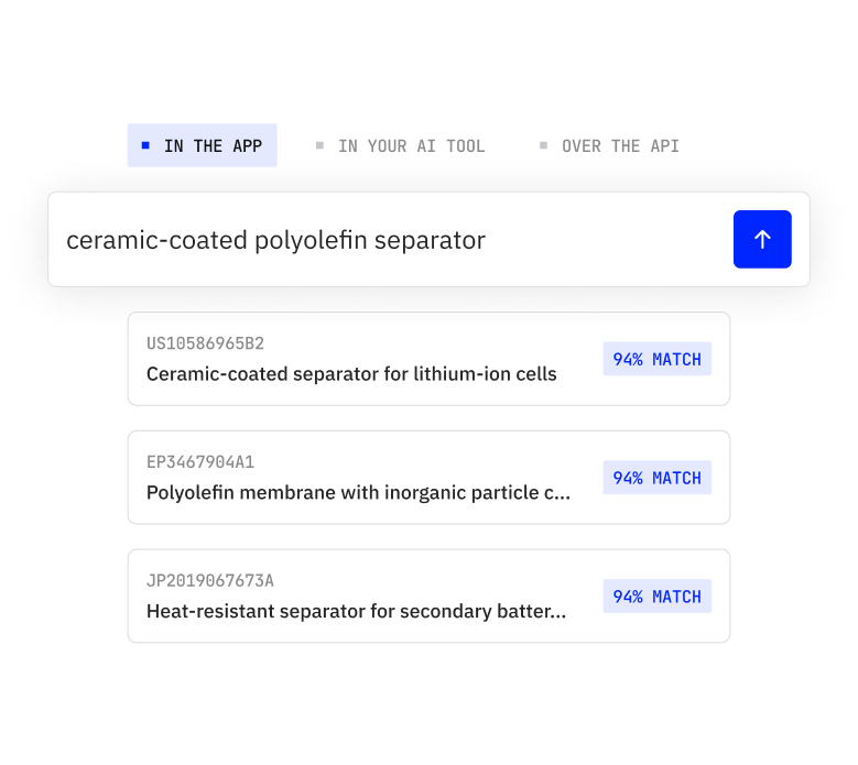 Search interface showing results for ceramic-coated polyolefin separator with match percentages.