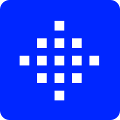 White pixelated cross shape with dots on a blue rounded square background.