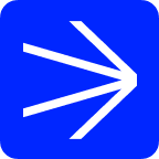White arrow pointing right on a blue rounded square background.