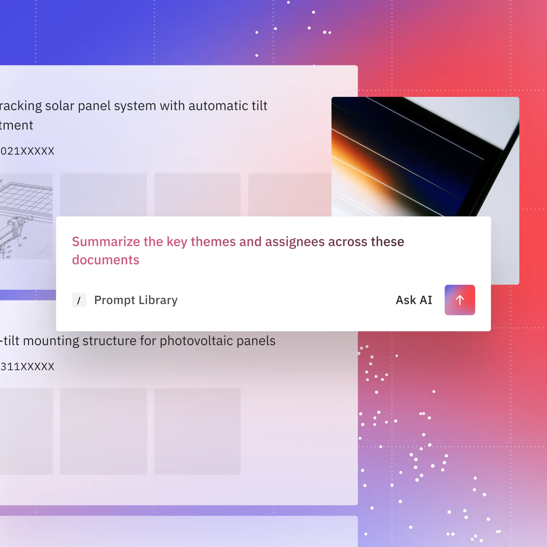 Interface with a prompt textbox reading 'Summarize the key themes and assignees across these documents' and Ask AI button.