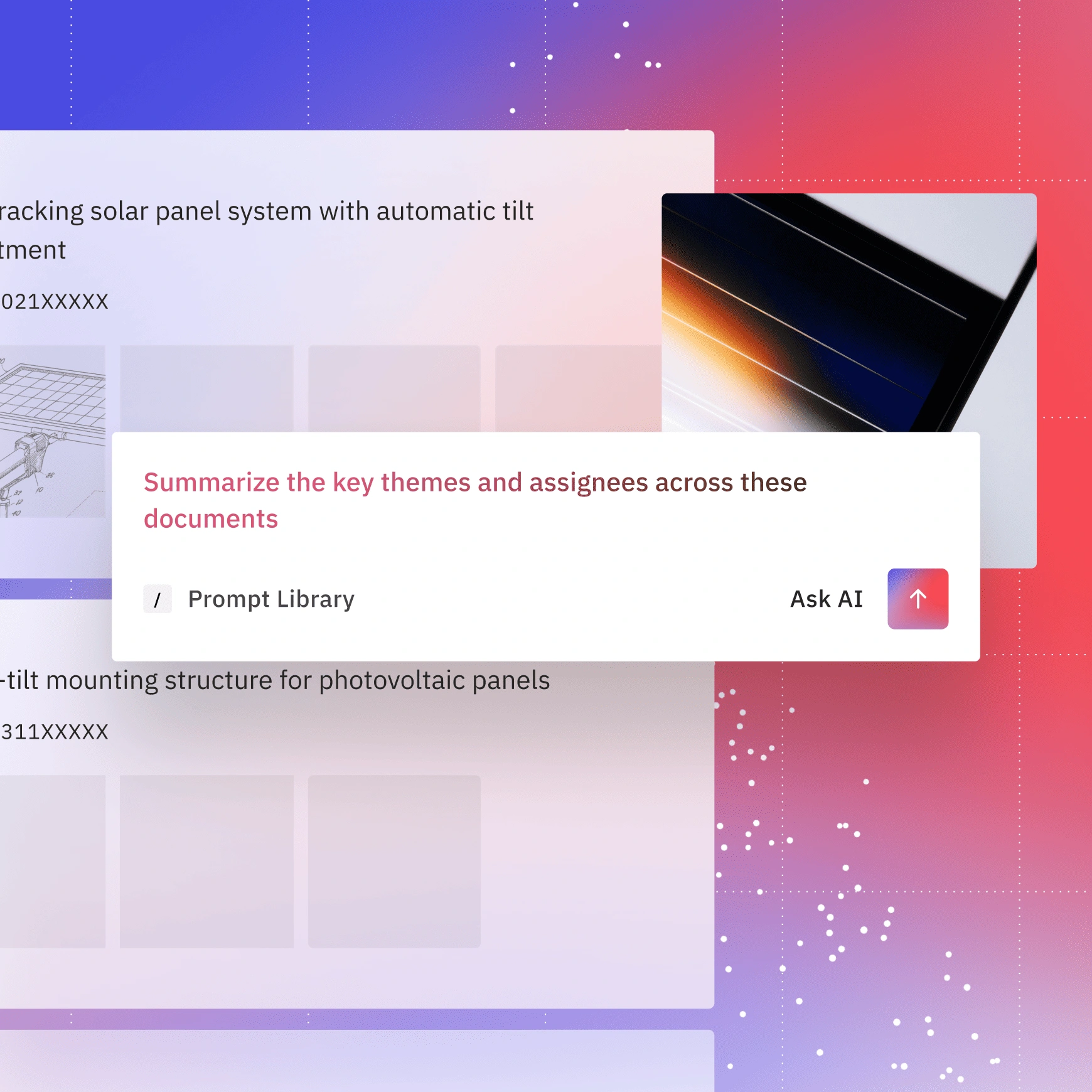 Interface with a prompt textbox reading 'Summarize the key themes and assignees across these documents' and Ask AI button.