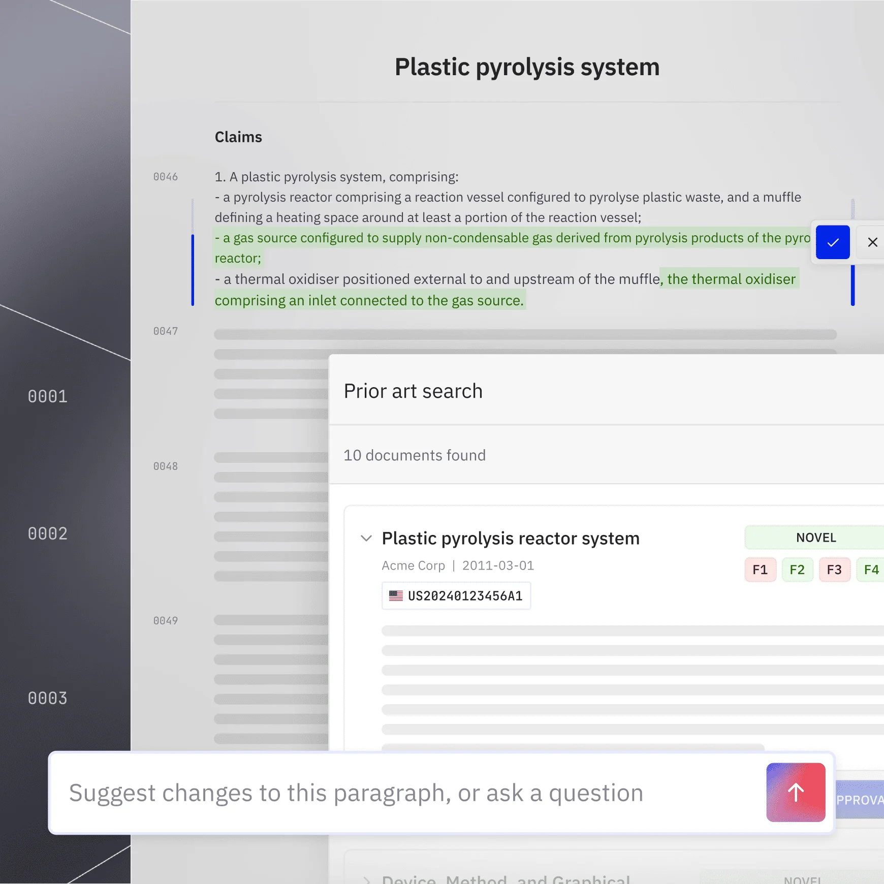 Screen showing patent text on biodegradable polymer mulch and prior art search results.