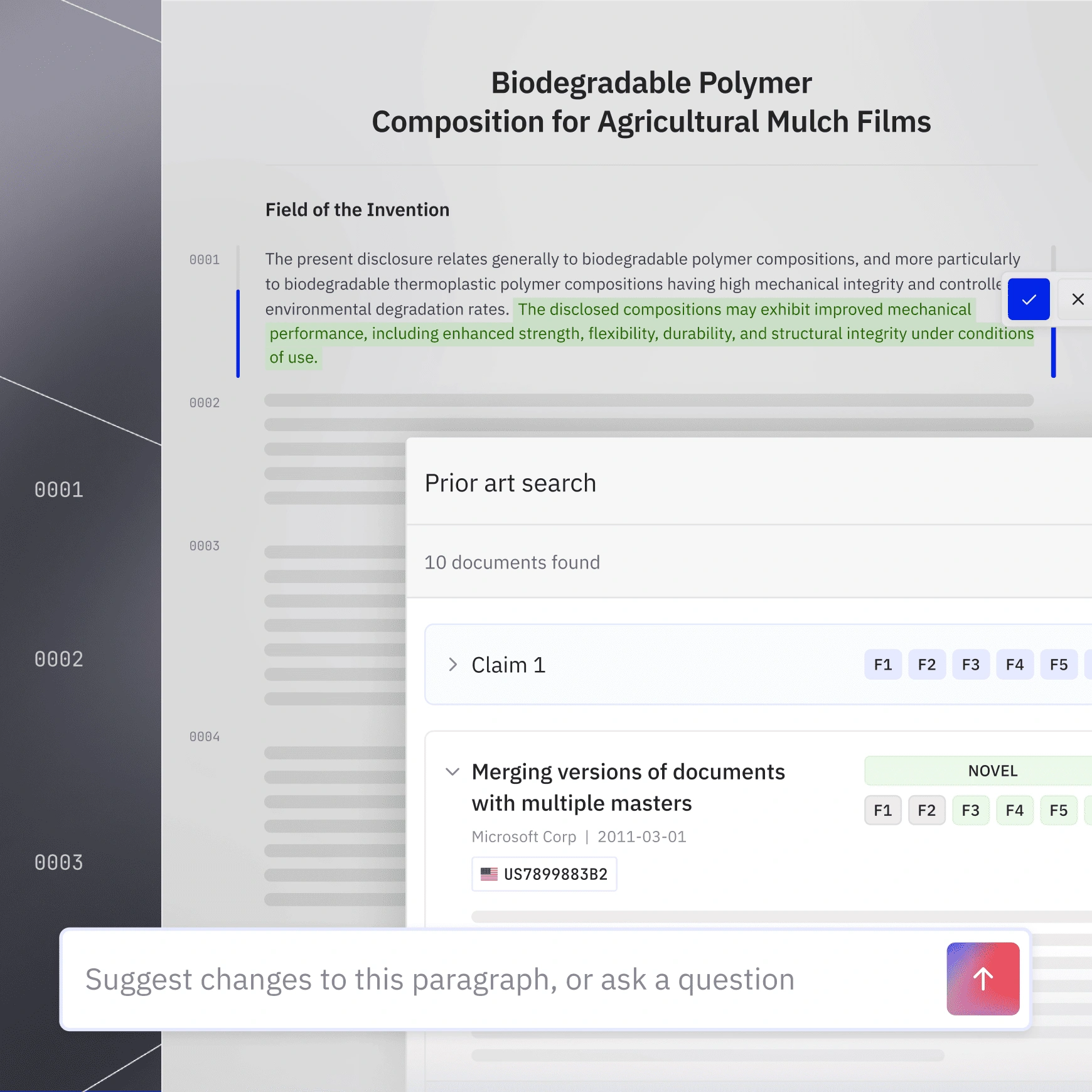 Screen showing patent text on biodegradable polymer mulch and prior art search results.