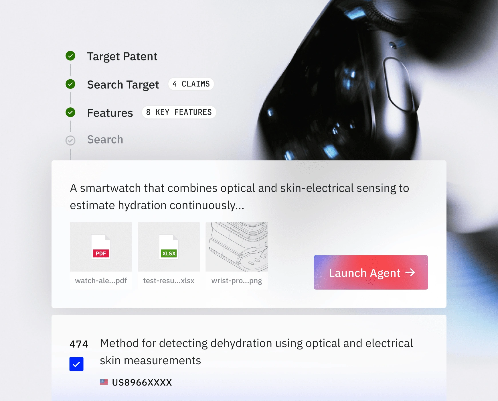 Interface showing a patent search workflow for a smartwatch estimating hydration via optical and skin sensors.