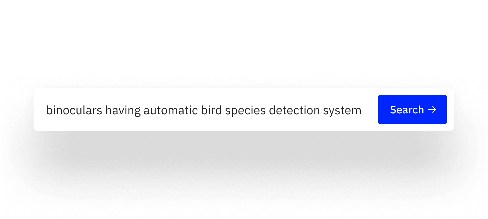 Search bar showing text 'binoculars having automatic bird species detection system' with a blue Search button.