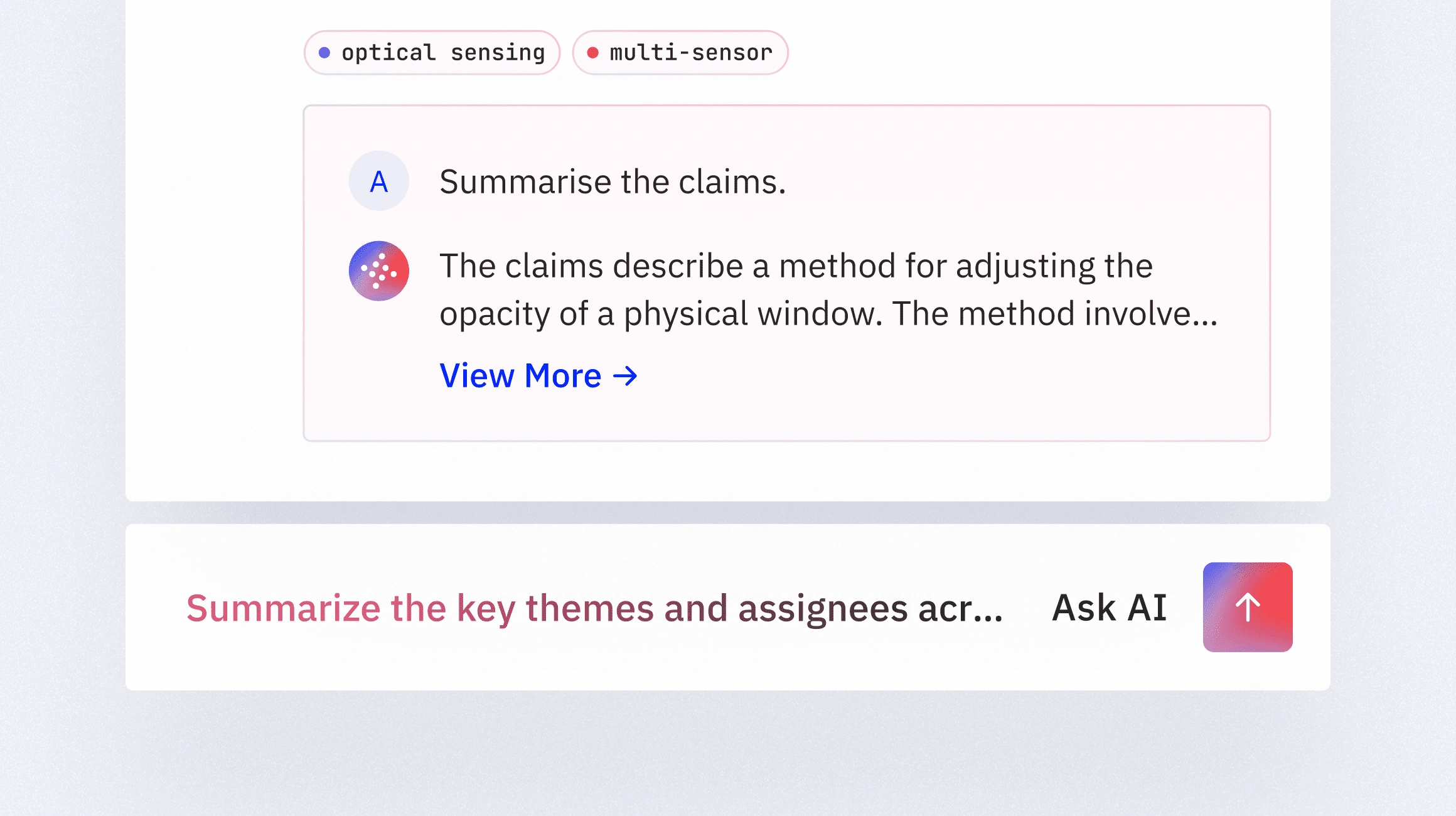 Interface showing options for optical sensing and multi-sensor with a text summary and Ask AI button.