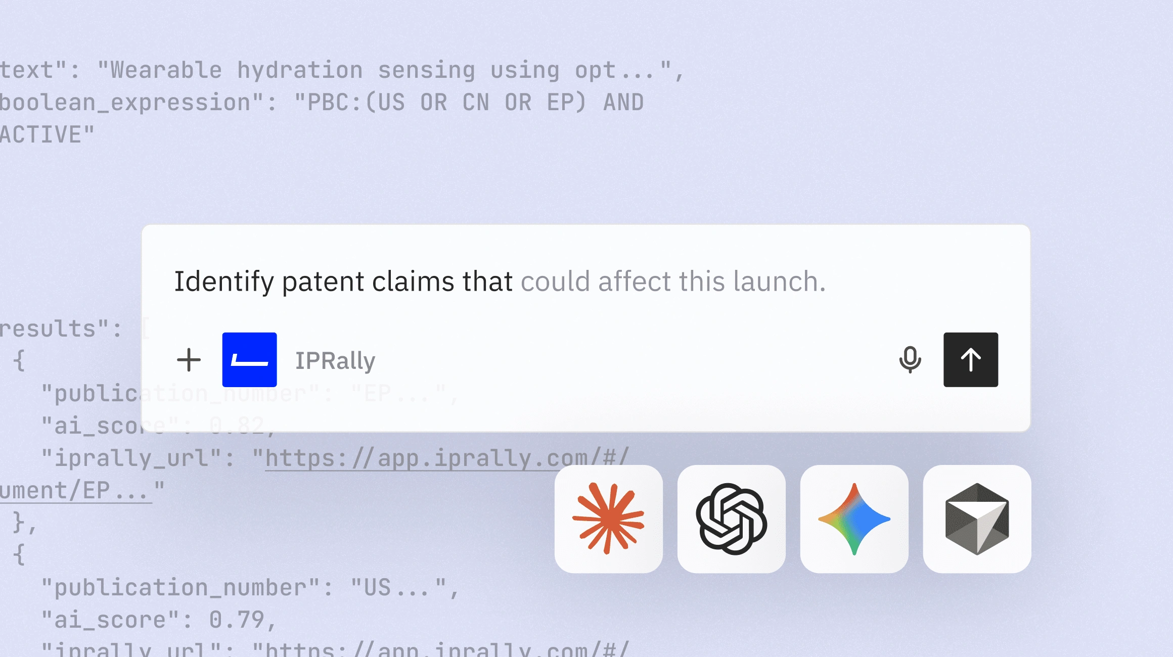 User interface showing a prompt to identify patent claims with icons for voice input and AI tools below.