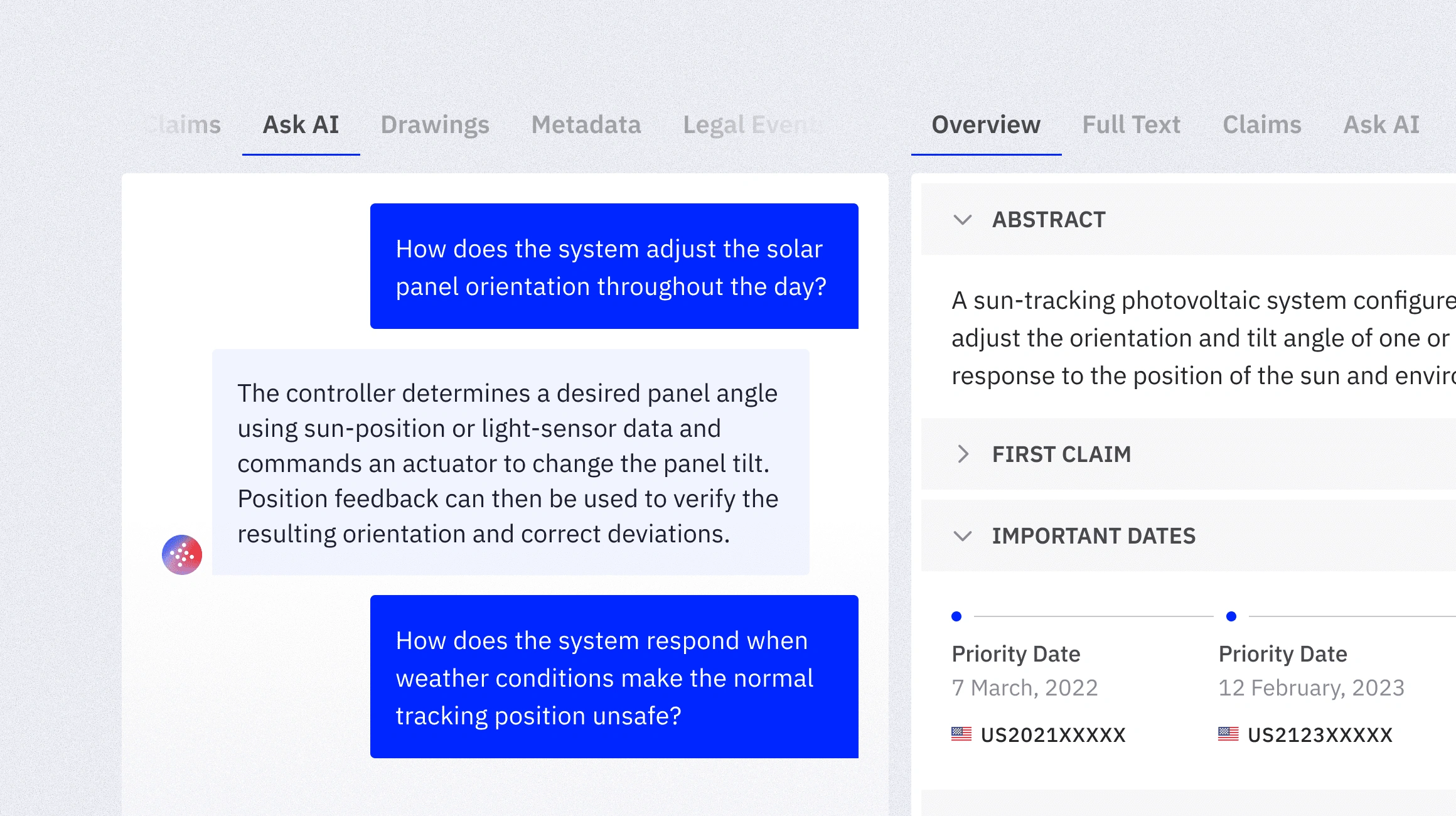 Chat interface shows AI answering solar panel tilt control and safety response questions with patent overview.